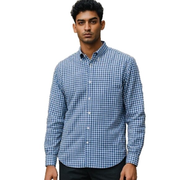 Men’s Shirt Large Blue White Gingham Long Sleeve Button Down Pocket EUC - Picture 1 of 12